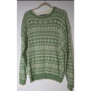 Vintage JOHN WEITZ Hand Framed Cotton Knitted Sweater Made In USA L Green/Cream